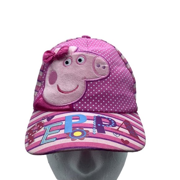 Vtg Peppa Pig Baseball Cap Hat Girl Adjustable Size Pink Stripes Polka Dot Bow - Picture 1 of 7